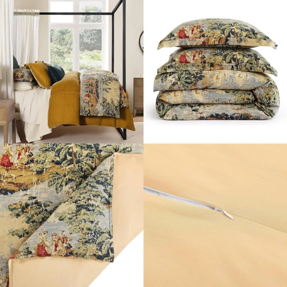 

Комплект пододеяльников из прованского льна размера Queen Size с золотисто-желтым викторианским принтом, классический винтажный стиль