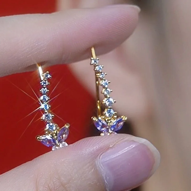 Punk Purple White Butterfly CZ Crystal Long Clip Earring for Women Elegant Lovely Simple Daily Studs Jewelry Christmas Gift