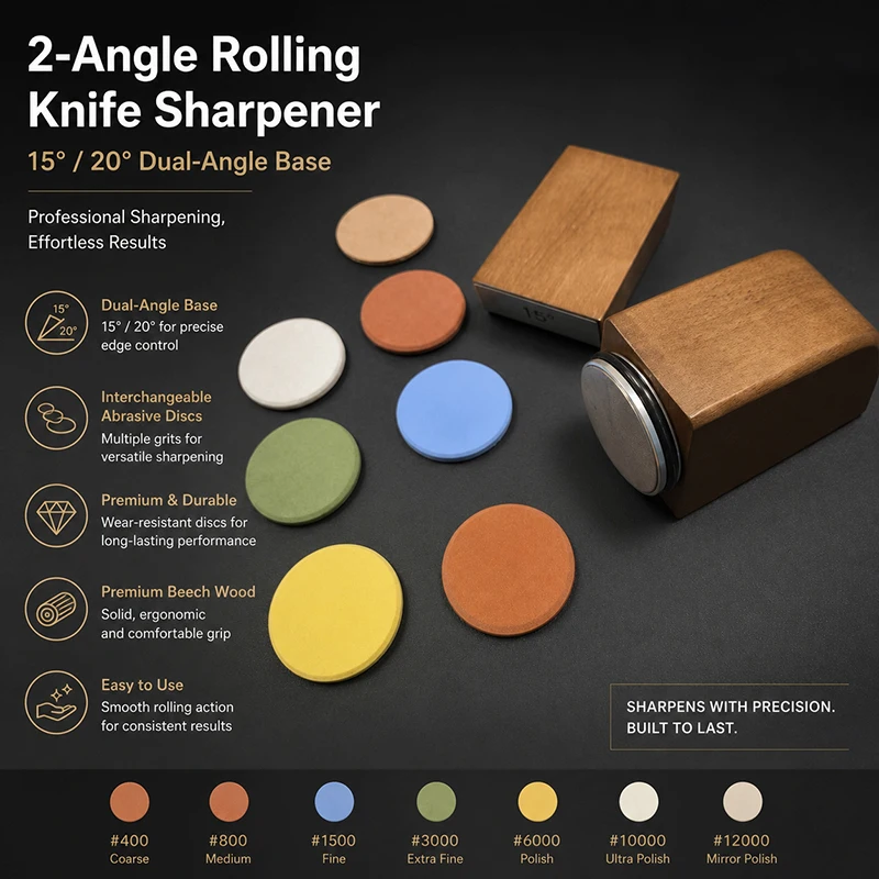New 2‑Angle Rolling Knife Sharpener 15°/20° Sharpening Tool With Replaceable Abrasive,Precision Manual Knife Sharpening System