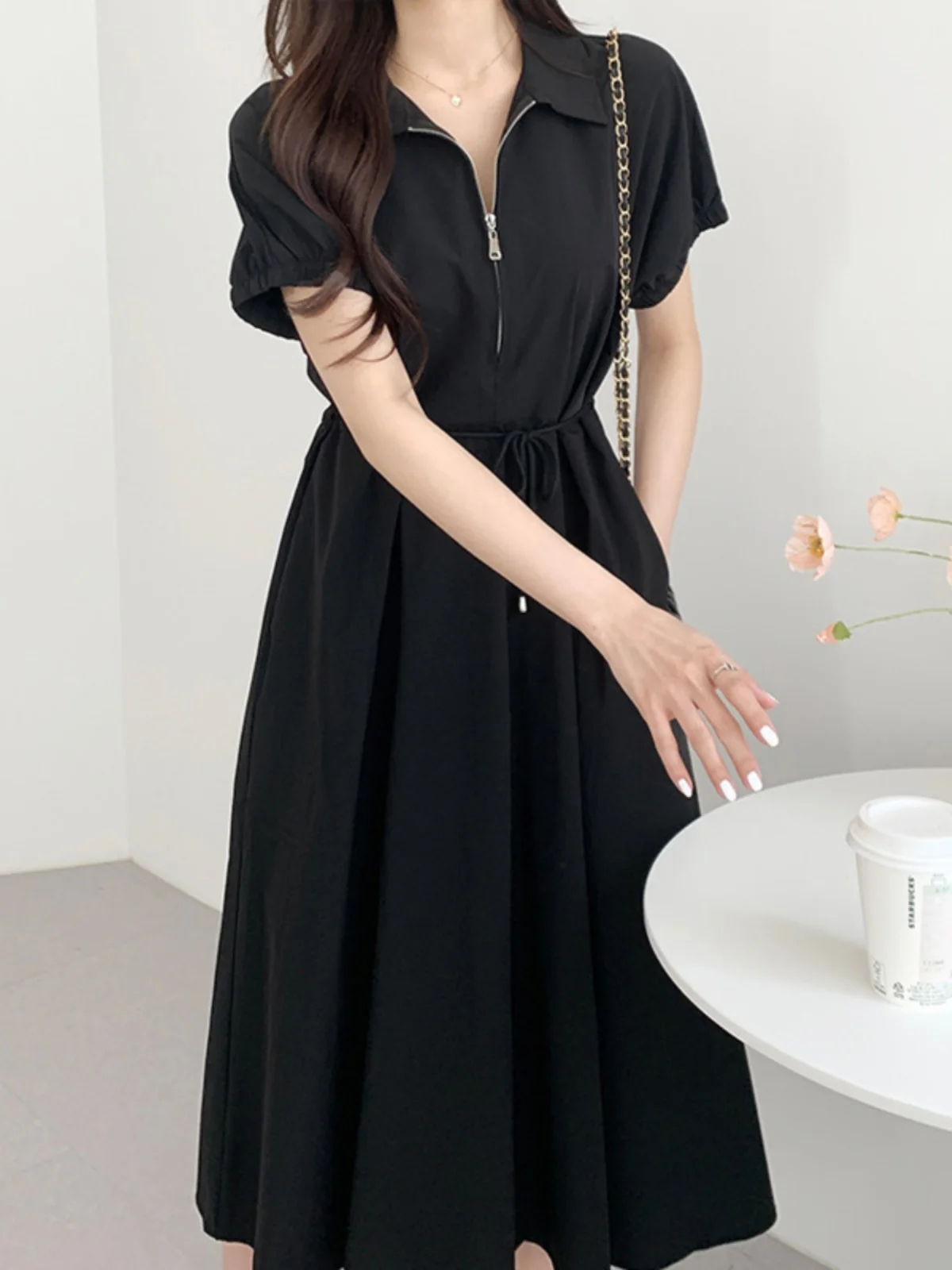 시크 캐주얼 칼라 슬림핏 미디 드레스 여성용 스타일리시 여름 패션 트렌디 우아한 긴팔 드레스