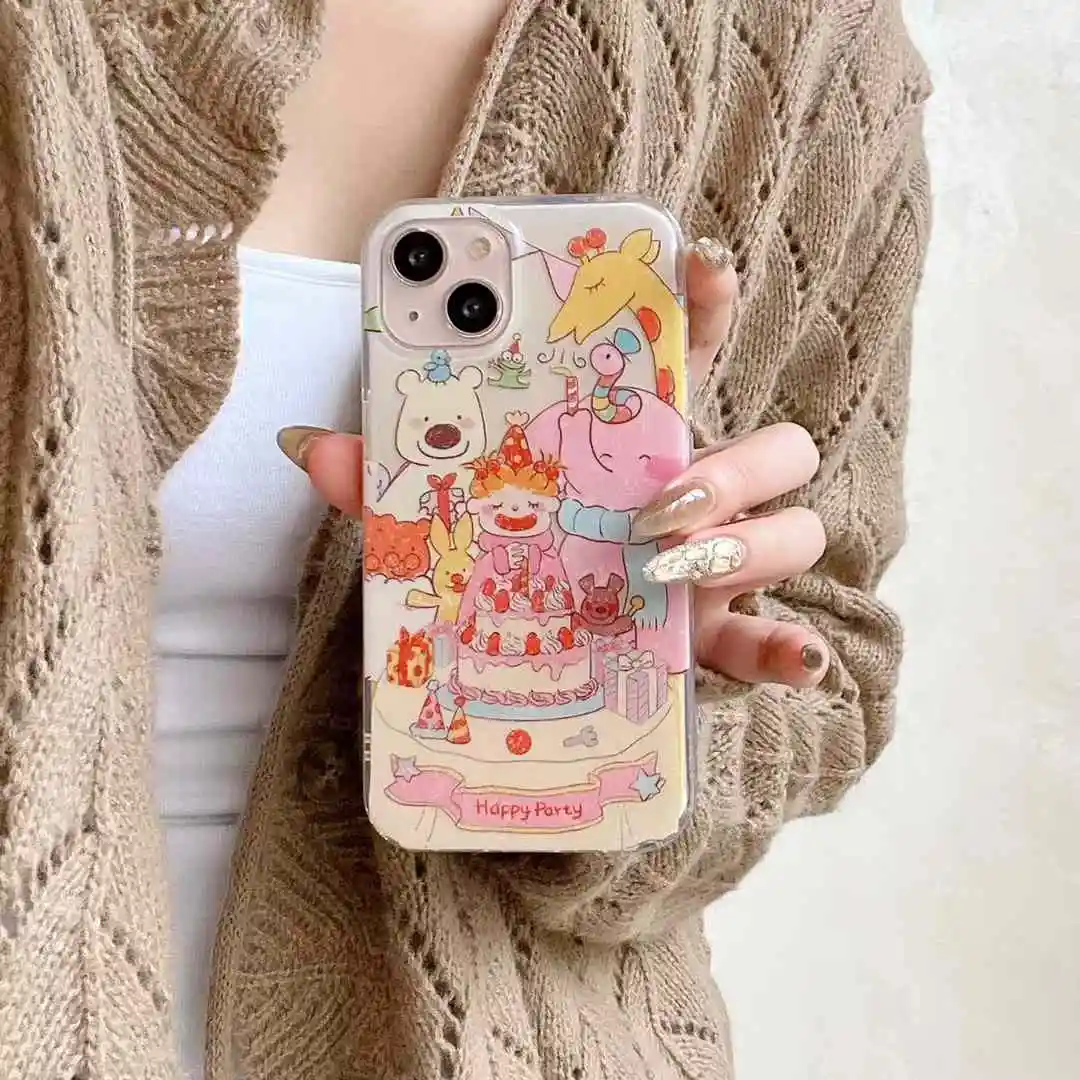 Birthday party Girls and Happy little animal Phone Case For iPhone 16 Pro Max 15 14 Plus 13 12 11 Pro X XR shockproof back Cover