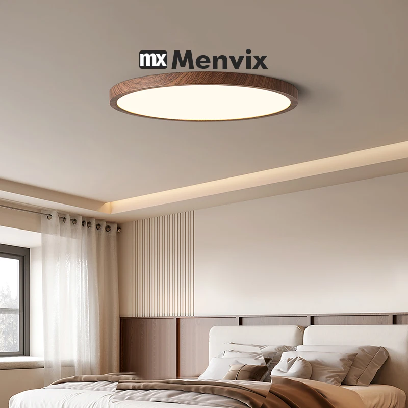 Modern LED Ceiling Light Circular Ultrathin Wood Grain Walnut Decorative Light Bedroom Dining Room Living Room Indoor Home Light