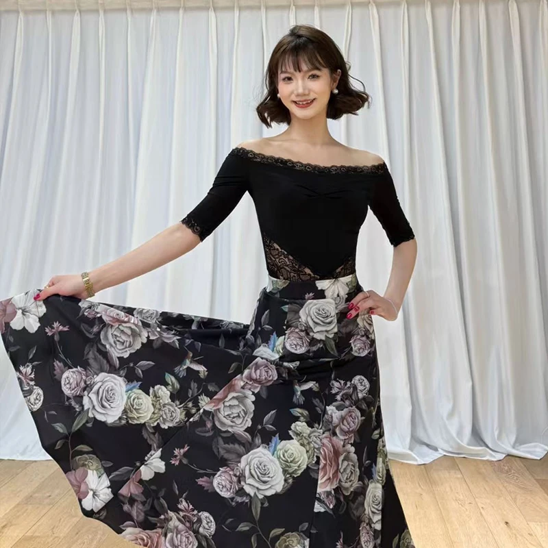

New Off Shoulder Ballroom Dance Dress For Women Waltz Performance Costume Adult Dance Clothes Stage Training Dresses VBH1646