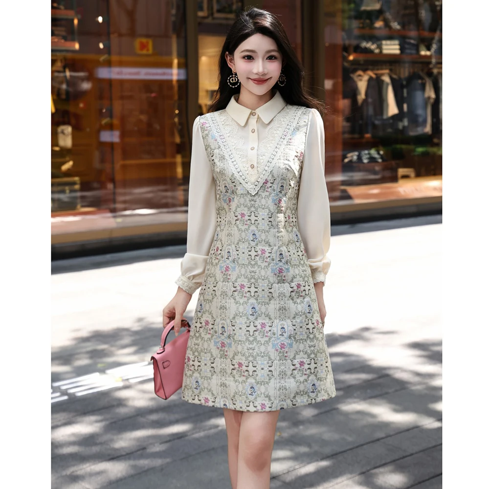 ZJYT Herfst Nieuwe Vrouwen Lange Mouw Bloemen Jacquard Jurk Vintage Turn Down Kraag Casual Knielengte Jurk Vestidos Vrouwelijke 2025