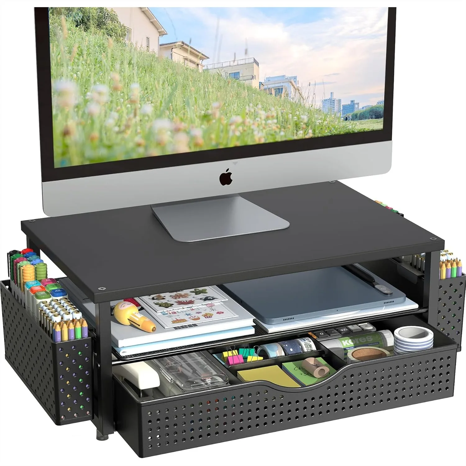 

Monitor Stand Riser with Drawer and Pen Holders, Ergonomic Desk Organizer for Office Supplies, Space-Saving Computer Monitor