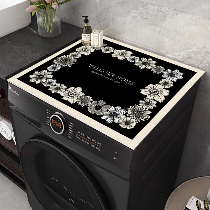 VIKAMA White Daisy Frame Washing Machine Cover Mat Black Solid Welcome Letter Print Waterproof Anti Dust Dryer Cabinet Top Mat