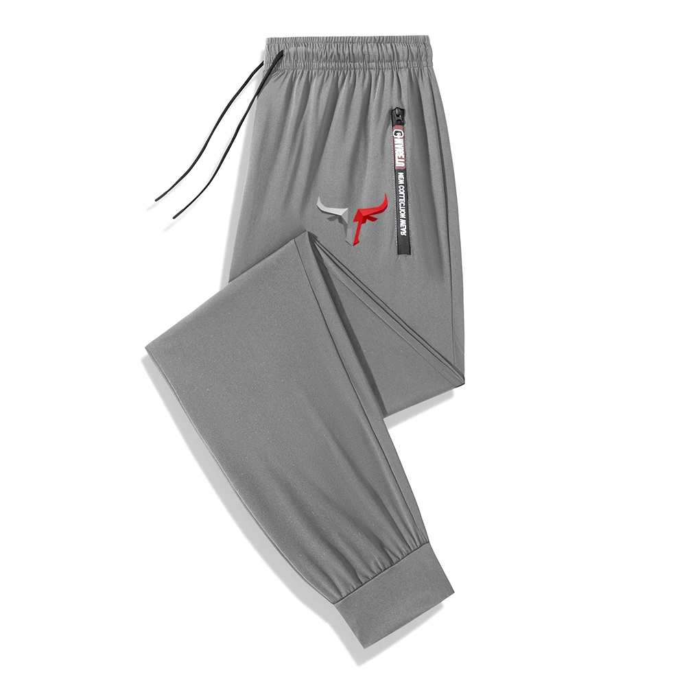 Men's Unique Bull Head Print Quick Dry Sports Trousers Elastic Breathable Casual Drawstring Running Pants With Zipper Pockets