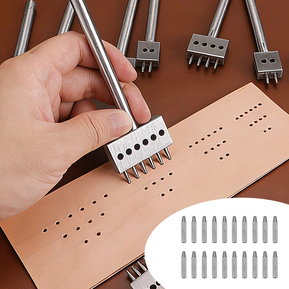 4/5/6/8mm Pitch Row Leather Punch Set, 3 Round Hole Punch Tool(2/4/6 Teeth) & 20 Standby Teeth for DIY Wallet Bag Sewing Crafts