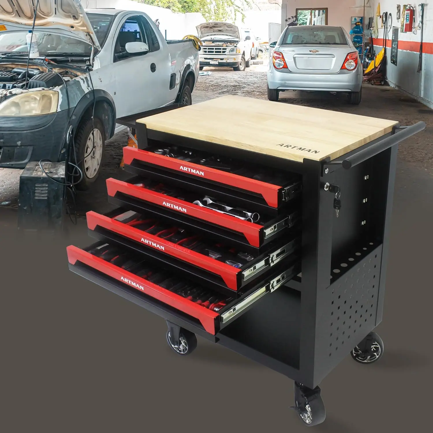 Rolling Tool Cart With 4-Drawer 266Pcs Tool Set, Tool Chest Cart On Wheels, Utility Box With Wooden Top Workbench