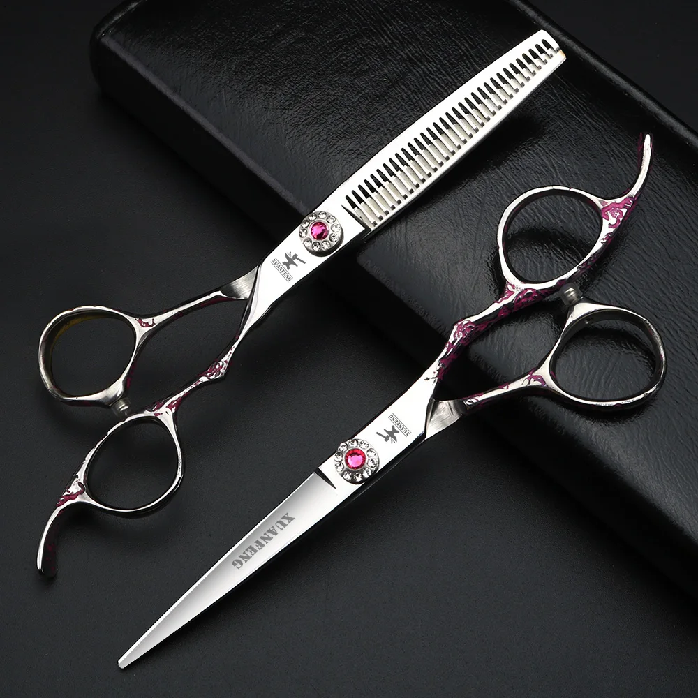 

XUANFENG roses 6 inch Japanese 440C steel barber scissors Professional cutting and thinning scissors