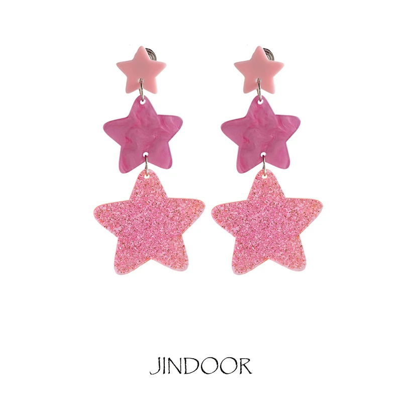 JINDOOR Pink Star Y2K Earrings, Heart Clip-on Dangle Earrings, Sweet Cute Acrylic & Alloy Jewelry for Women & Teens