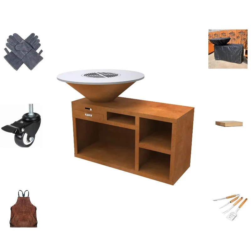 With Wheels Rusty Finish Heavy-Duty for Outdoor Garden Cooking Hot Sale Corten Steel BBQ Fire Pit Charcoal Grill