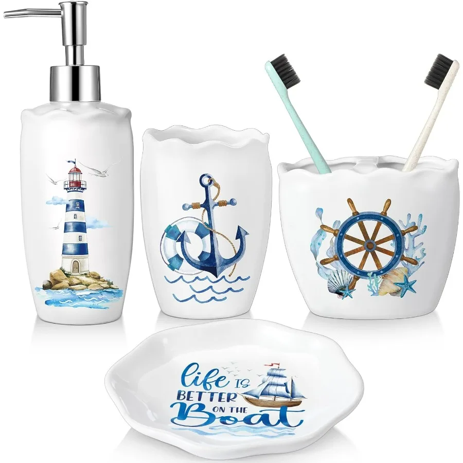 

Nautical Bathroom Accessories Set of 4 Coastal Lighthouse Compass Anchor Sailboat Tumbler Soap Dispenser Toothbrush Holder Soap