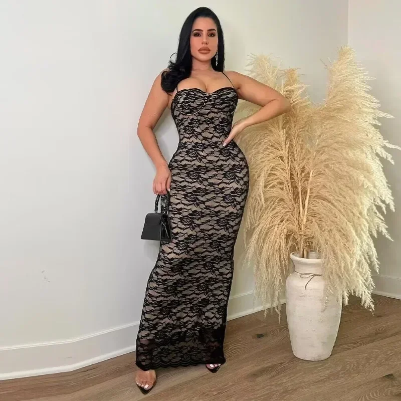 

GUWU сексуальное женское черное телесное платье макси с иллюзией Boycon, гламурное тонкое кружевное вечернее платье без рукавов, наряды для ночного клуба, женские платья