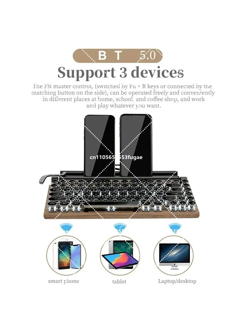 NEWTypewriter Keyboard 83 Keys Vintage Wireless Mechanical RGB Keyboard with Metal Round Blue Switch ﻿For Desktop PC/Laptop/Phon