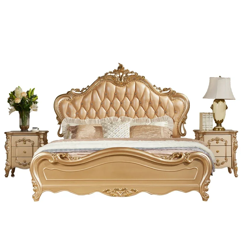 

European style bed, luxurious master bedroom, 1.8-meter double champagne gold luxury villa