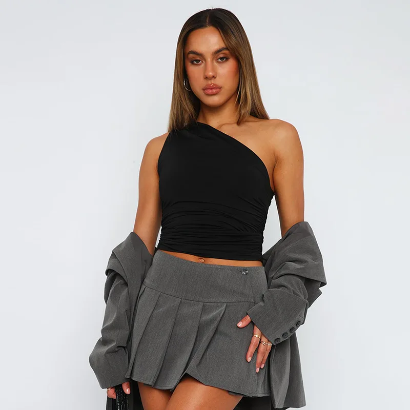 Débardeur plissé Ba ouvert pour femmes, t-shirt à col incliné, tissu en Polyester, couleur Faion