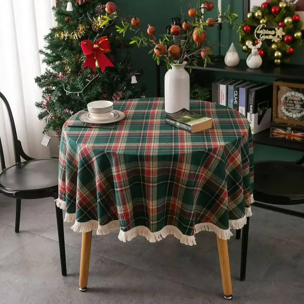 Yanting Christmas Coffee Table Cover Yarn Dyed Plaid Holiday Wedding Party Decor Tablecloth American Round Tassel Table Cloth