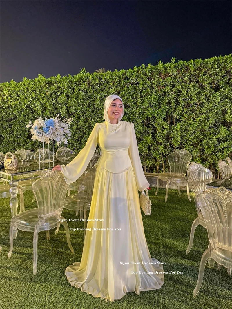 Xijun Modesto Baby Abiti da sera gialli Chiffon maniche lunghe A-Line Abiti da ballo formali Lunghezza pavimento Abito da ballo Dubai Personalizzato