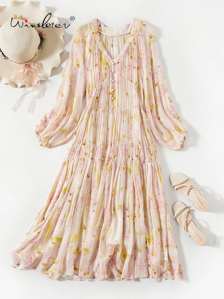 

Winsleter- Women's 100%Real Silk Elegant Dress, V Neck Long Sleeve, French Beach Vacation Dresses, 2025 Spring Summer D51429CC