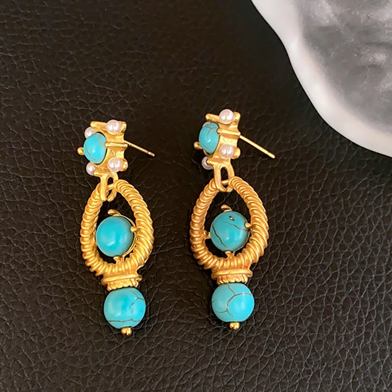 Vintage Drop Earrings Hollow Round Turquoise Pearl Earrings for Women Luxury High Quality Dainty Jewelry Date Nights