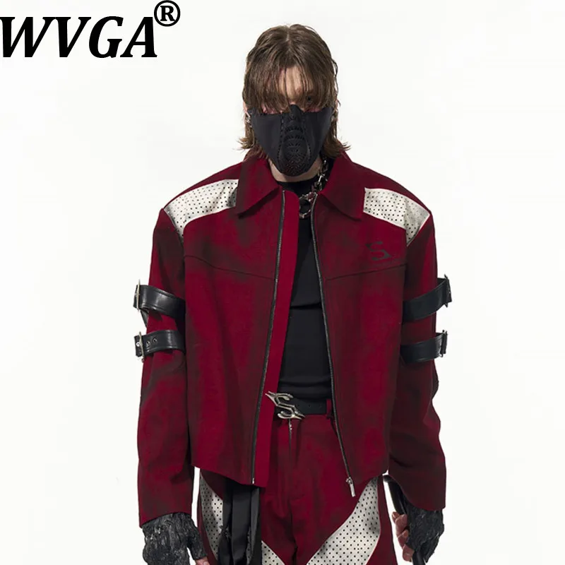 

WVGA Autumn Winter New Man Tide Stained Trendy Short Denim Jackets Patchwork Leather Strap Coats Niche Straight Pants Ins W13106