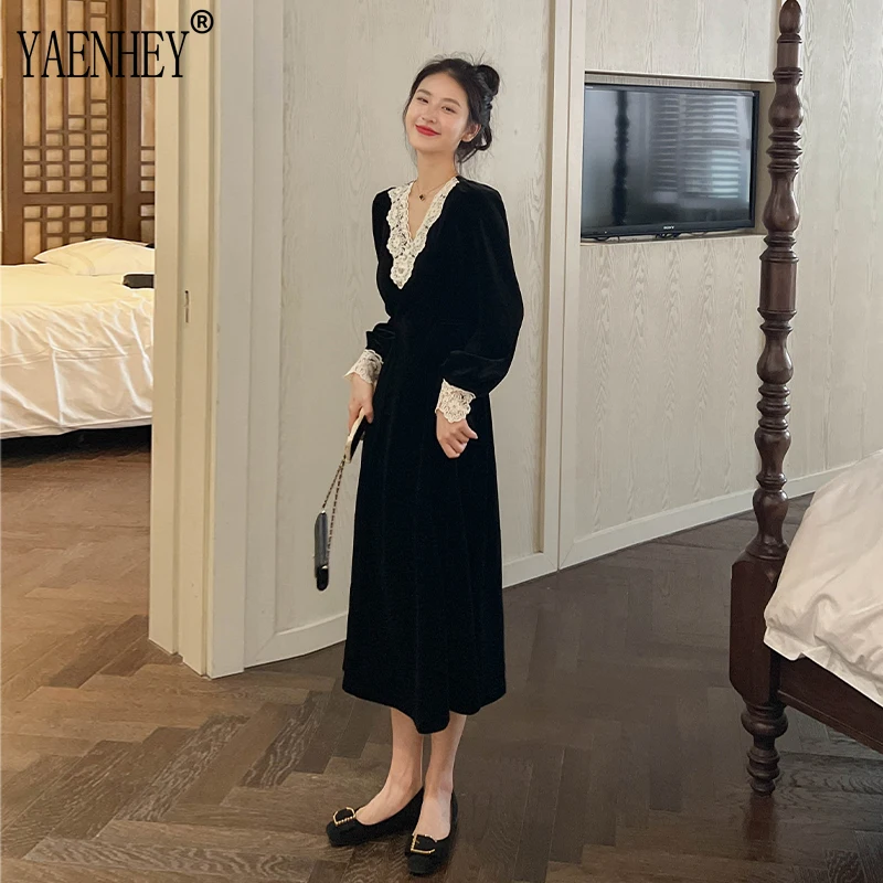 Vintage Maxi Evening Dresses Women Clothing V-Neck Slim Office Lady Work Wear Chic Lace Velvet Dress Elegant Black Winter 2023