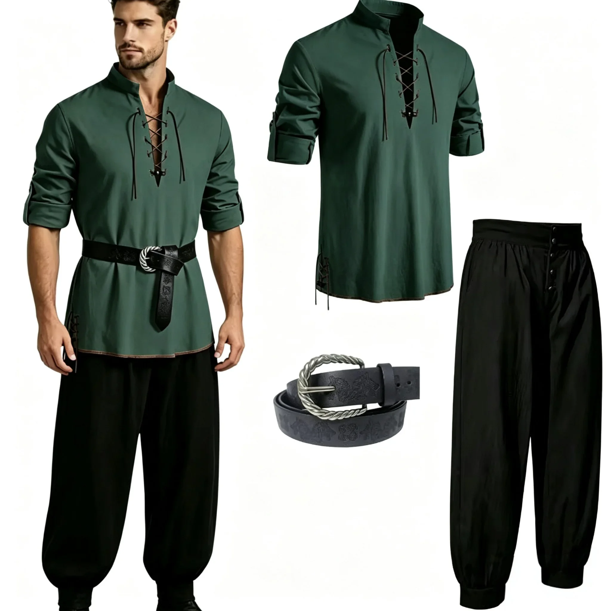 Men Medieval 3Pcs Cosplay Outfit, Vintage Lace Up Shirt Pants Belt Set for Renaissance Viking LARP Halloween Party