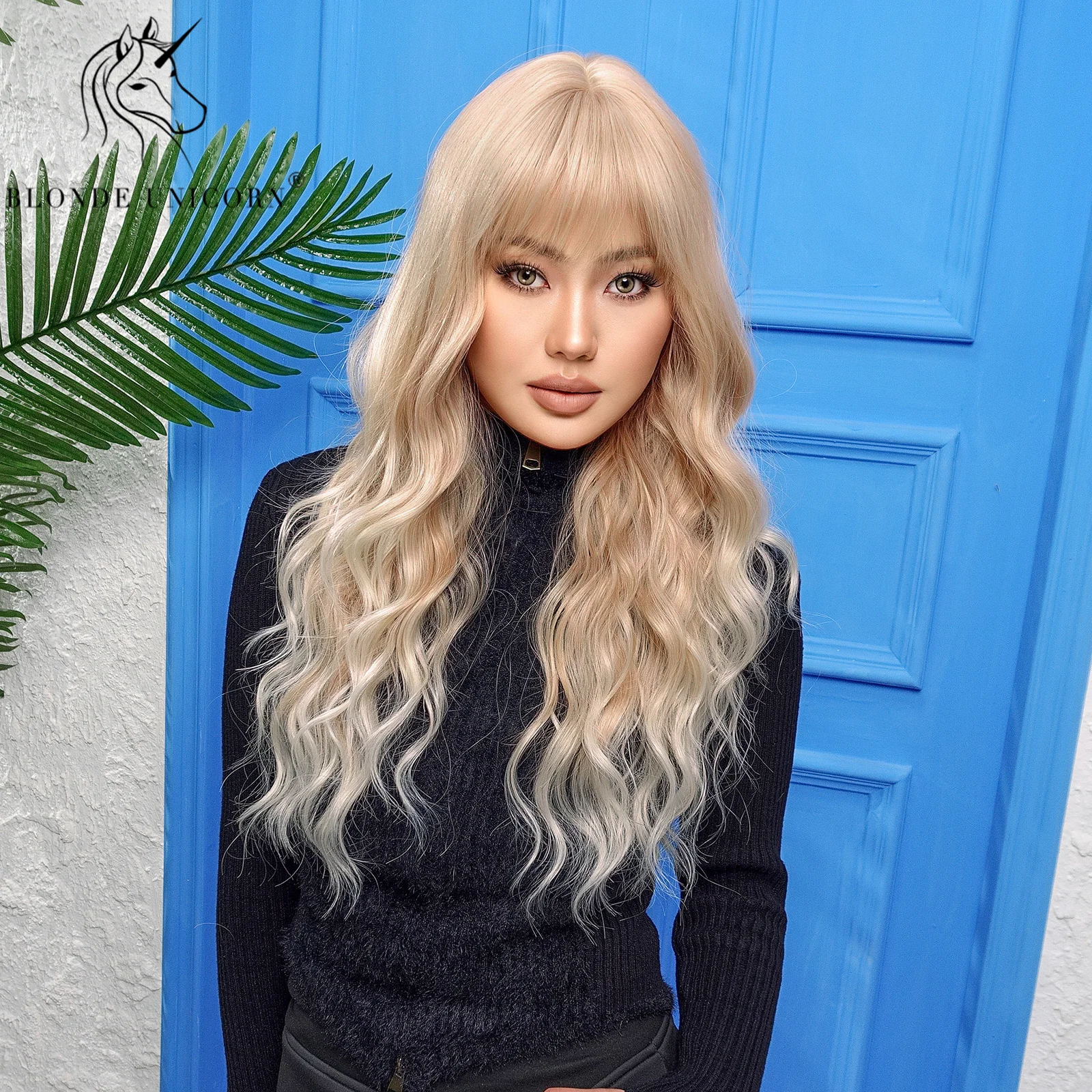 Blonde Unicorn Long Blonde Synthetic Wig Wavy Wigs with Bangs Daily Cosplay Party Use Heat Resistant Fiber for Women