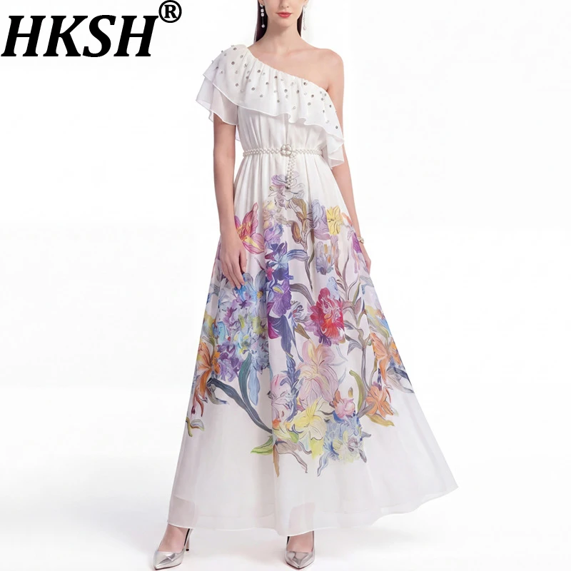 

Женское длинное платье HKSH с открытыми плечами, коротким рукавом, принтом, плиссировкой, поясом на талии, элегантное, повседневное, в стиле High Street, HK22724