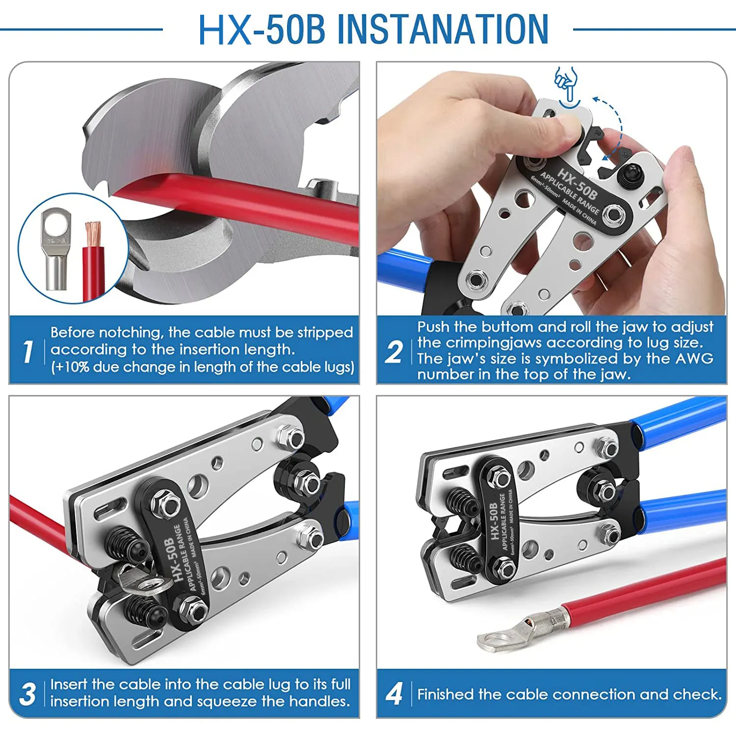 HX-50B Battery Cable Lug Crimping Plier-Cable Lug Crimping Tool for Copper Lugs AWG 10-1/0 (6mm²-50mm²)Wire Shear Cutter