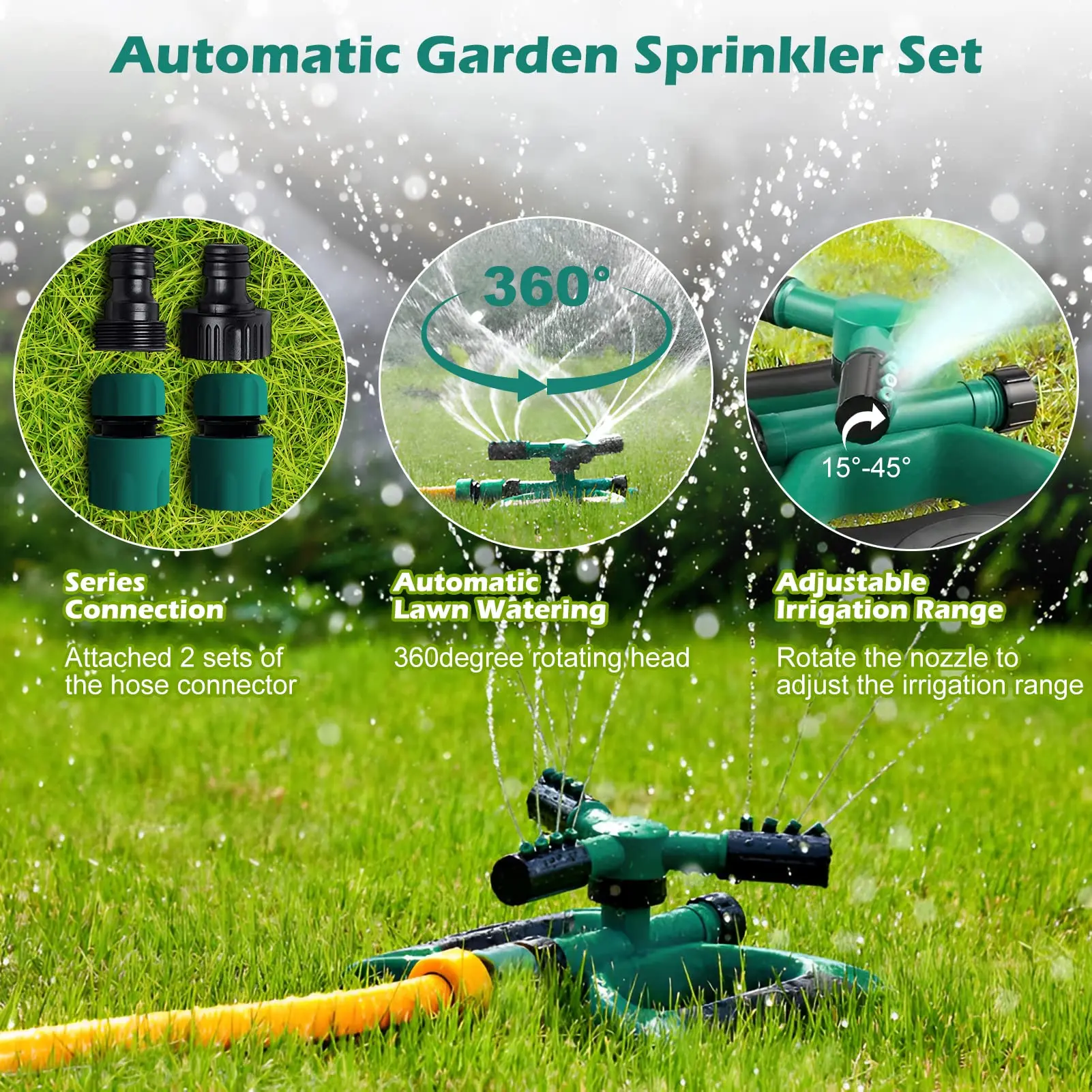 Automatic Lawn Sprinkler with Leak Free Design, Adjustable Covering, Easy Hose Connection, Large Area, 3 Arm Sprayer, 360 Rotati