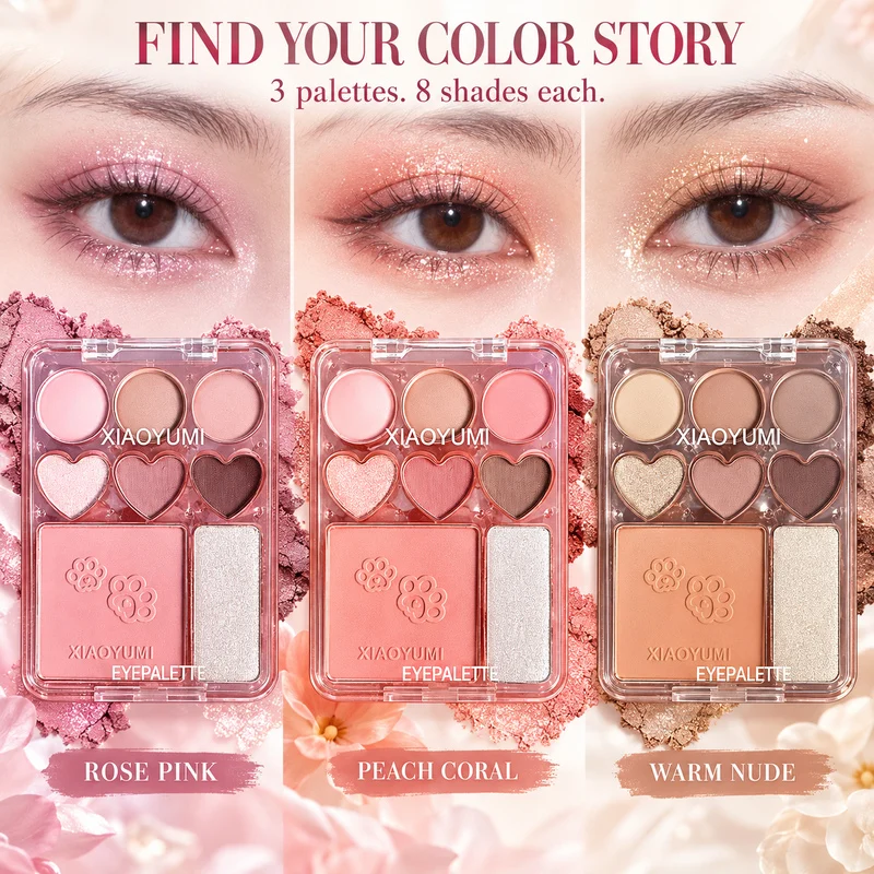 XIAOYUMI 8 Colors Eyeshadow Blush Palette 6 Eye Shades 2 Cheek Shades Matte Shimmer Highlighter Pink Peach Coral Nude Makeup Kit gallery 3