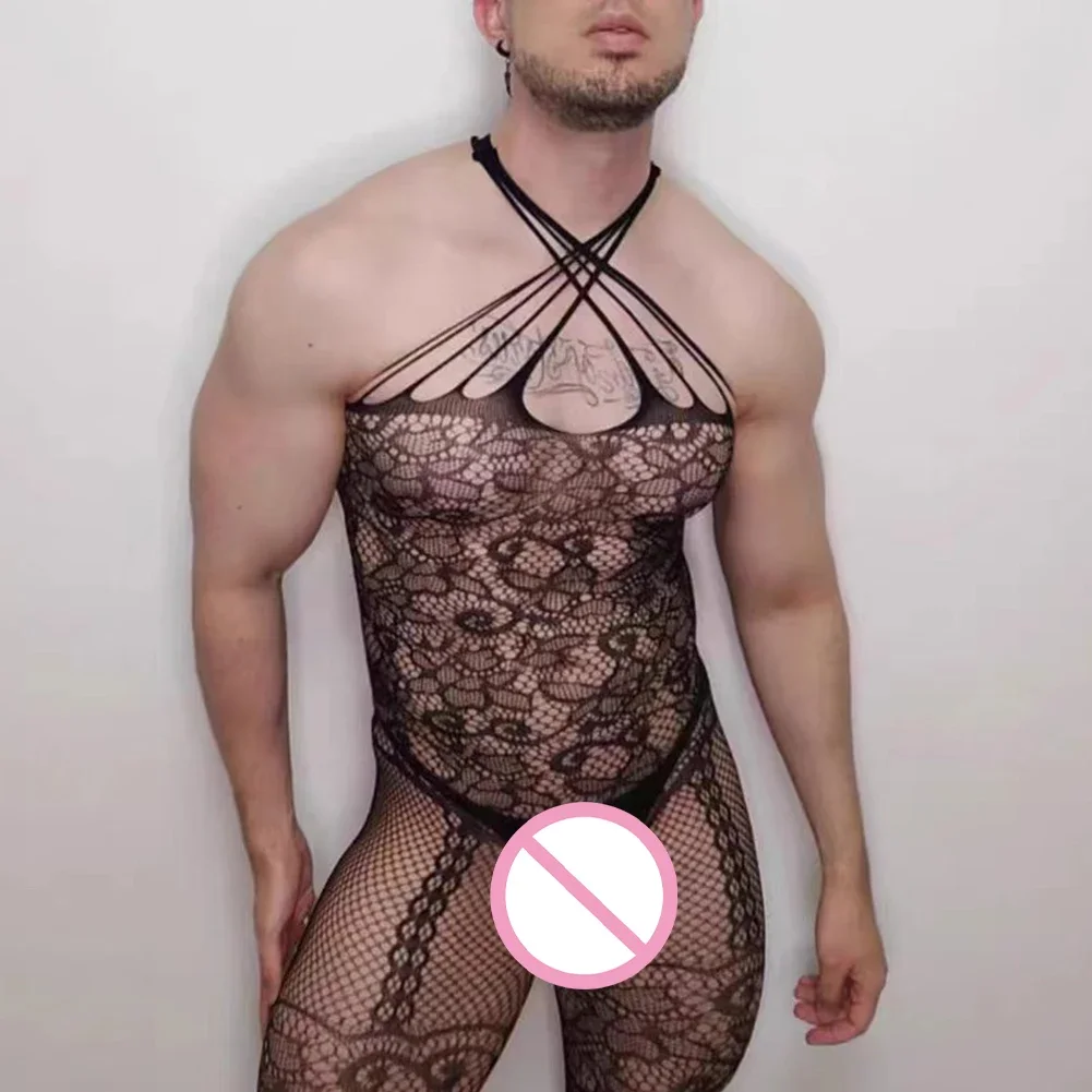 

Men Sexy Sissy Hollow Out Jacquard Fishnet Full Jumpsuit Bodystocking Lingerie Erotic Crotch Temptation Solid Men's Bodysuits