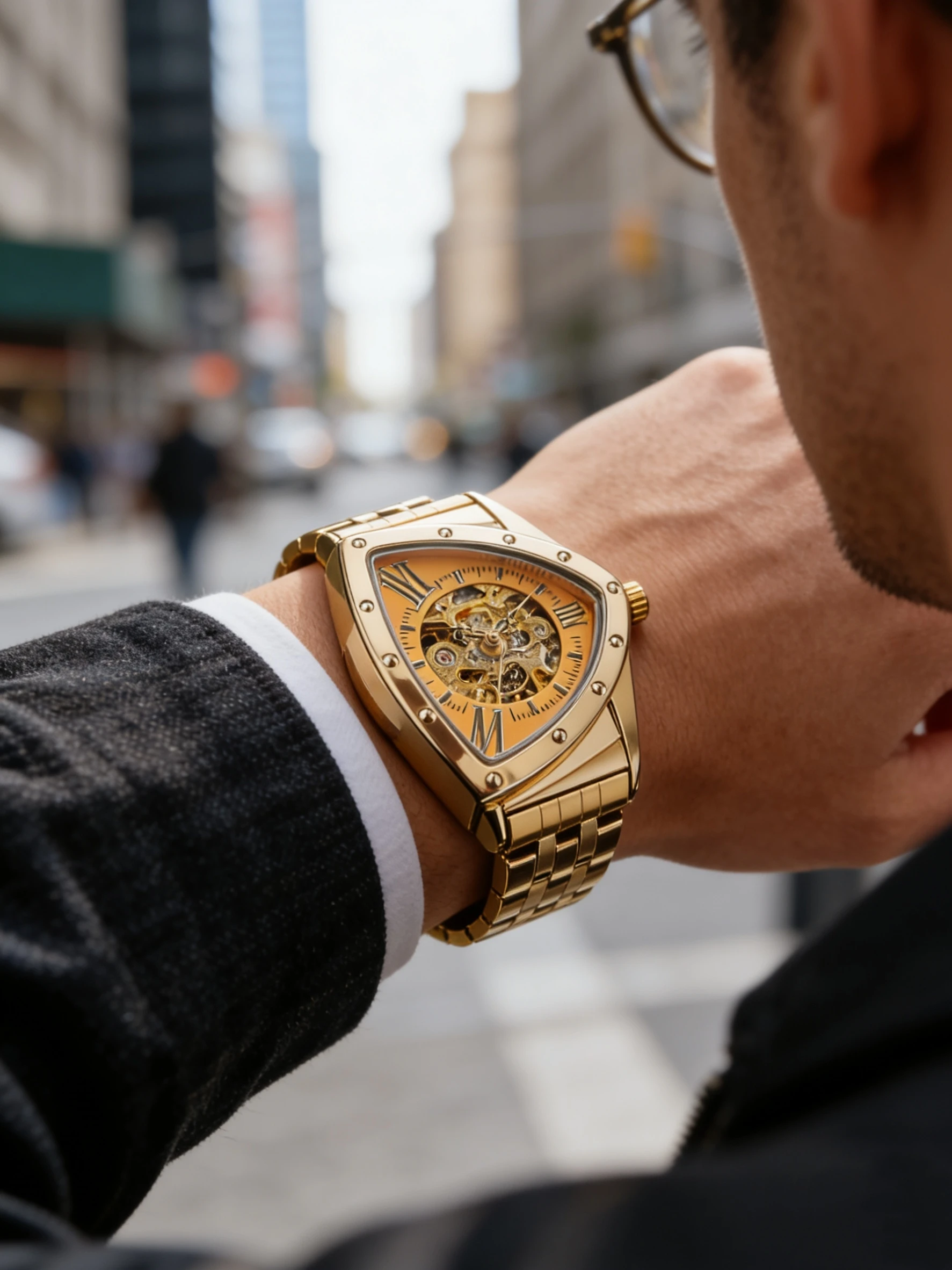 

High-End Men's Watch, Automatic Skeleton Mechanical Watch, Triangular Case, Stainless Steel Strap, Hollow Dial, Waterproof Wristwatch, Fashionable Luxury Unique Design Men's Mechanical Watch, Hip-Hop Punk Style Watch