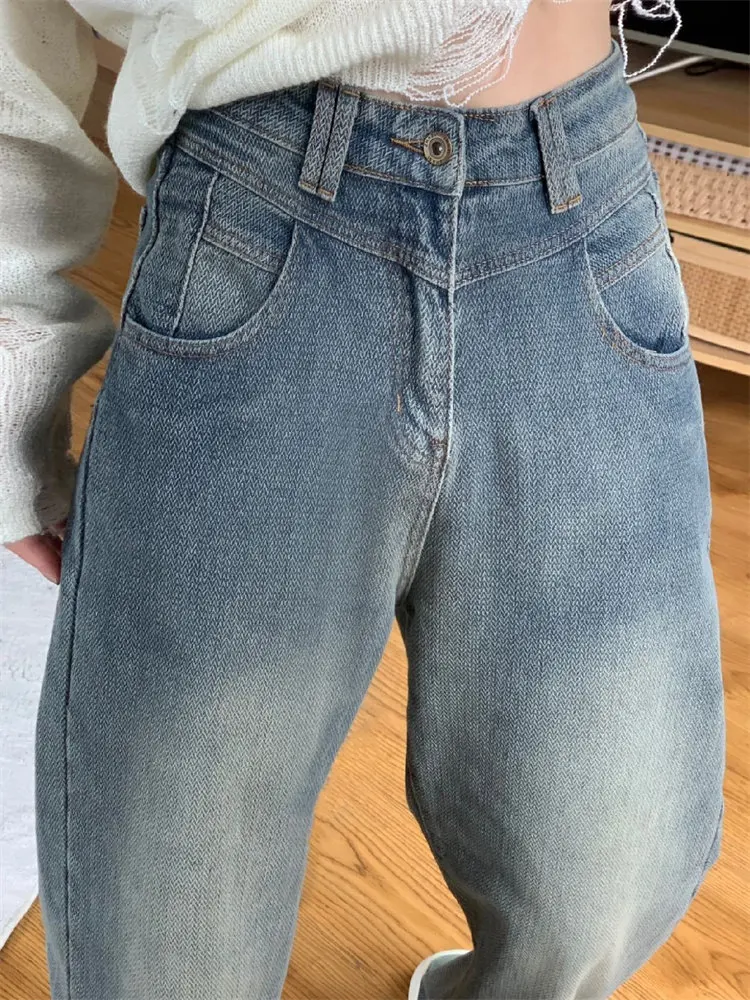 Jeans in denim a gamba larga retrò a vita alta da donna inverno nuovo modello Sle Star pantaloni larghi dimagranti dal taglio dritto alla moda