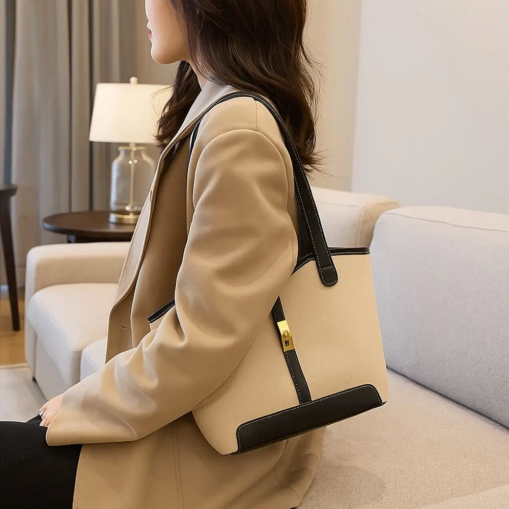 

Fashionable Color Collision Crossbody Bag Large Capacity Minimalist Style Tote Bag Lock Buckle Women Handbag Travel