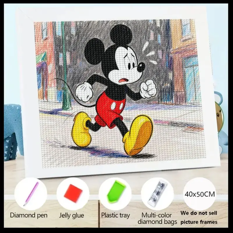 1 szt. Disney Myszka Miki Biegnący Niepokojony Zestaw do Malowania Diamentami 5D, Pełny Zestaw DIY Haft Diamentowy, Duża Mozaika Artystyczna z Cyrkoniami, Rozmiar 40x50CM