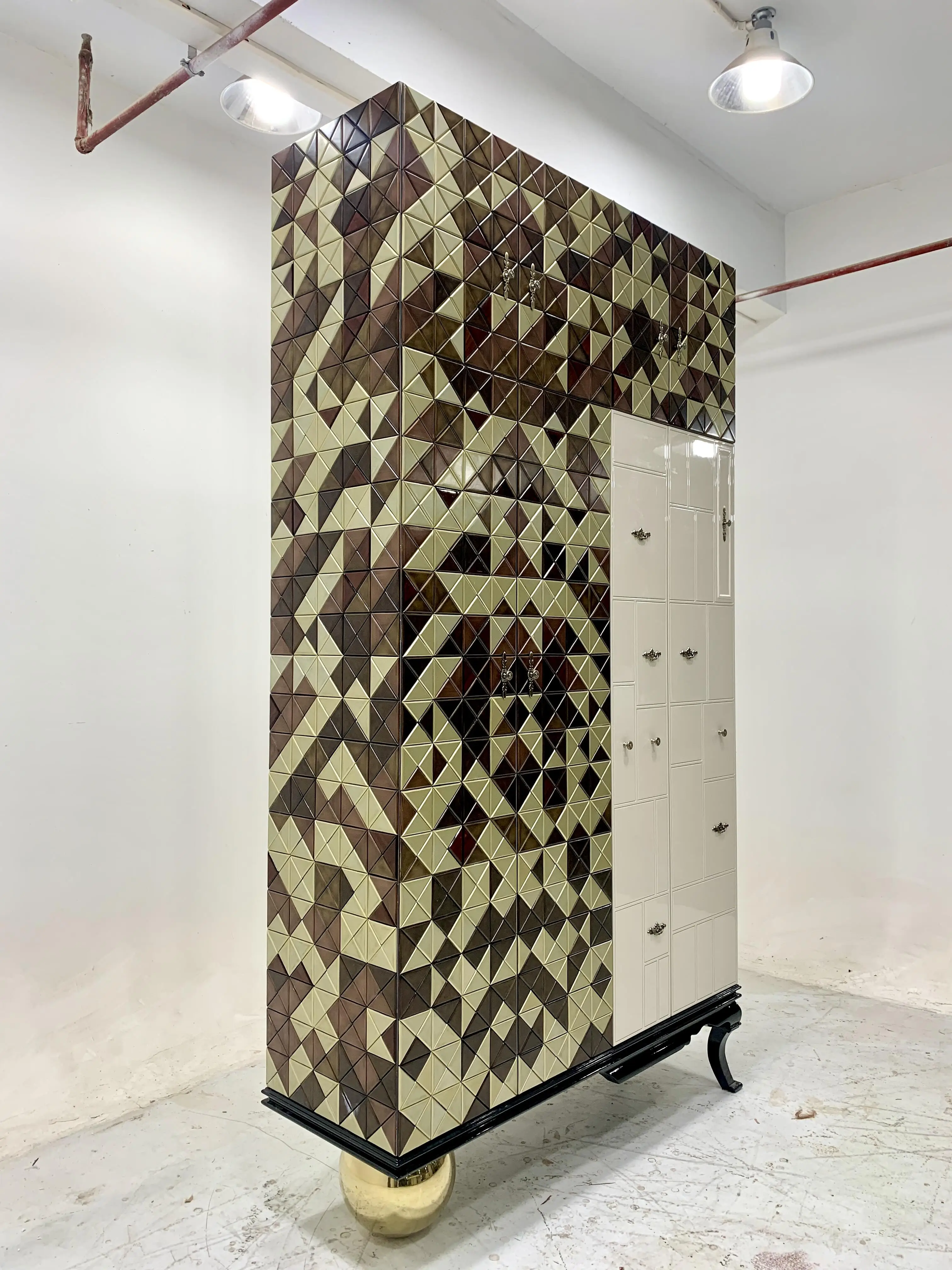 Modern Creative Design Triangular Parquet Pixel Sideboard Solid Wood Stainless Steel Spherical Leg Paint Side Cabinet