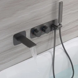 waterfall faucet With Handshower Holder Brass Wall Mount Spout Bathtub Gunmetal gray Bath Bathroom Dual Handle Diverter Valve
