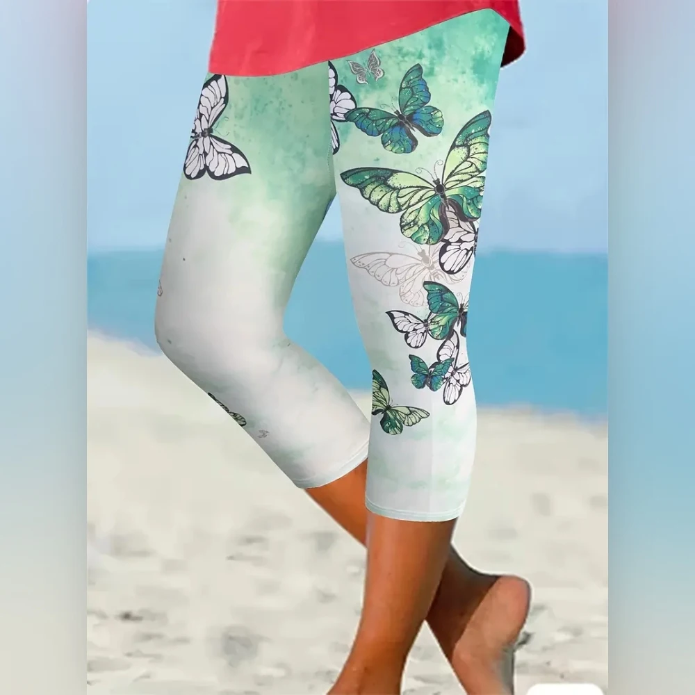 Butterfly print stretch elastic waist slim casual leggings women\'s capri pants