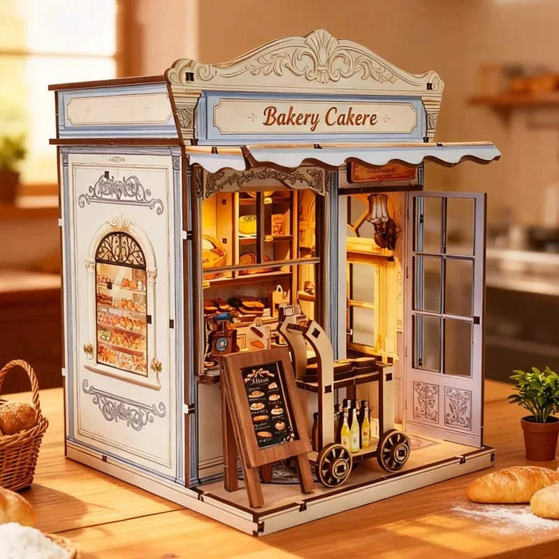 NEW DIY Wooden Bakery Cake Store Casa Figurines Miniatures Assembled Villa for Friends Birthday Gifts Home Decor Crafts