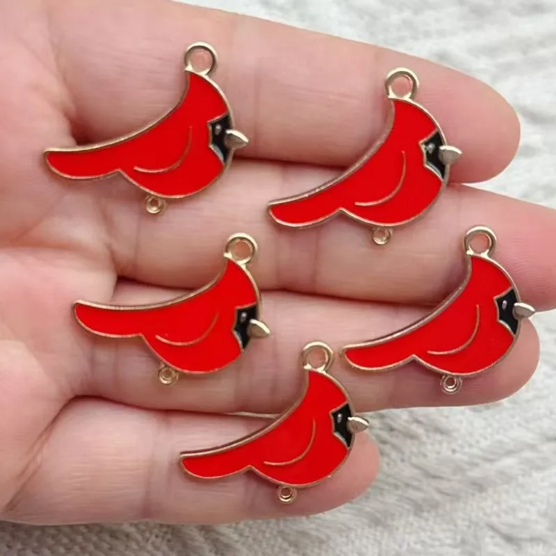 10pcs Christmas Red Bird Enamel Ornaments Zinc Alloy Animal Pendants DIY Jewelry Making Great for Earrings and Necklaces