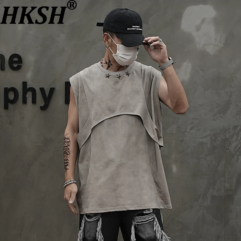 

HKSH Spring Summer New Men's Fashion Star Metal Patchwork Vintage Trendy Sleeveless Vibe Vest Casual Tank Top Waistcoat HK7977