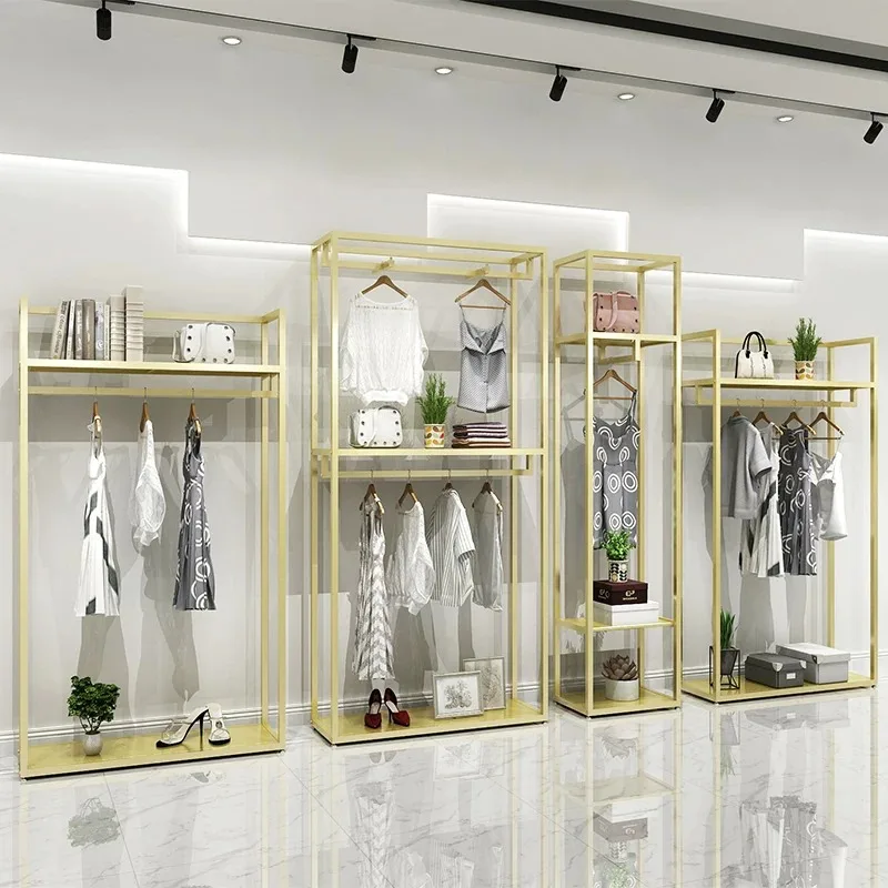 Double Layer Iron Wood Clothing Rack Floor Standing Display Stand for Boutique Retail Shop Men Women Apparel Garment Hanger