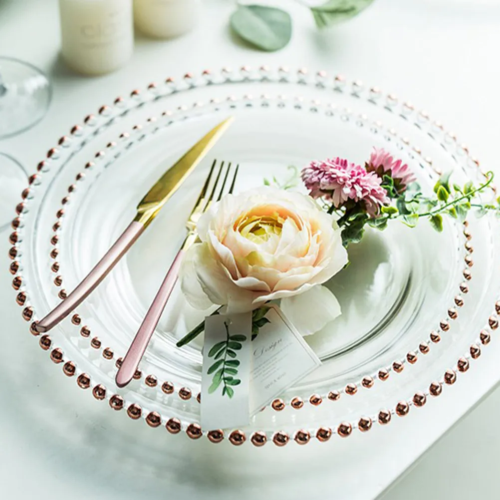1Pcs Rose Gold Accented Transparent Glass Salad Plate Elegant Stackable Dish for Home Party Graduation Steak Fruit Vegetable