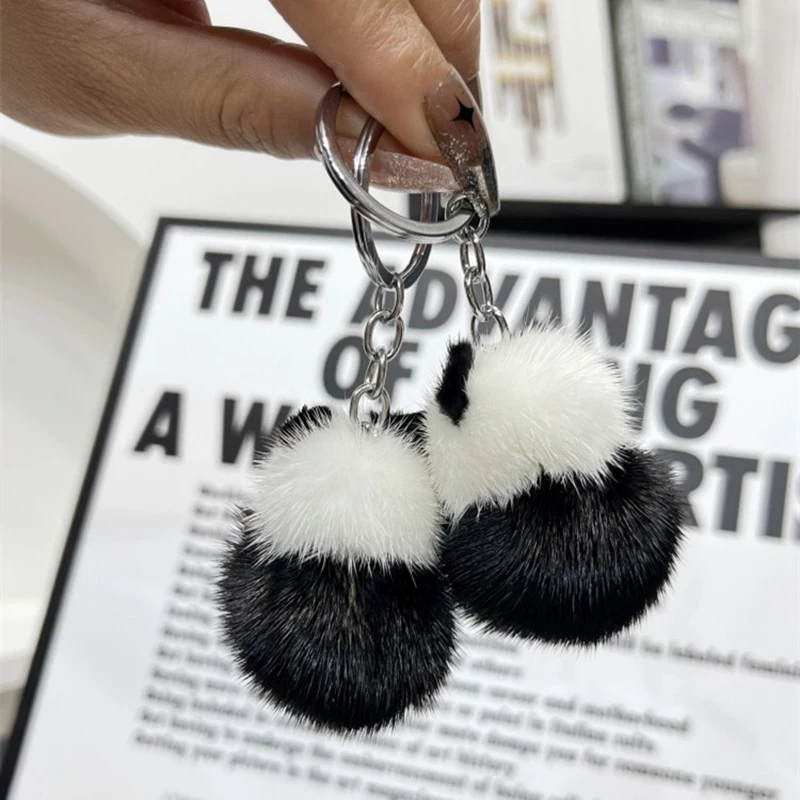 Mink Fur Panda Keychain Bag Pendant Creative Cute Black White Panda Mobile Phone Bag Plush Keyring Accessories