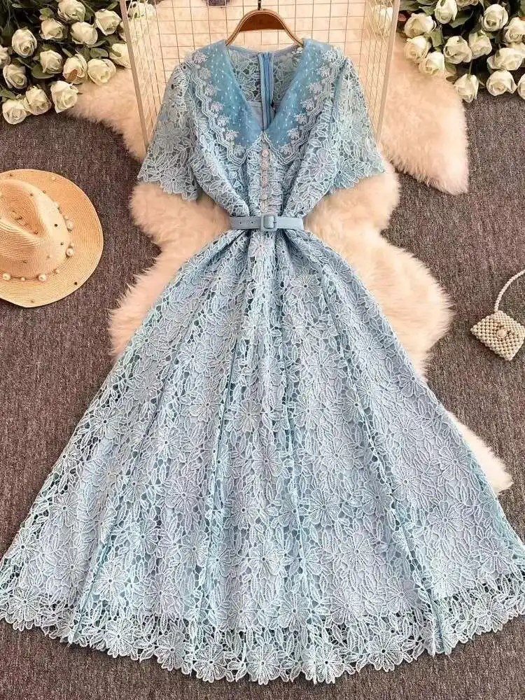 Runway Evening Party Prom Lace Dress Women Diamonds Button Elegant Short Sleeve Flower Embroidery Belt Long Robe Summer Sundress