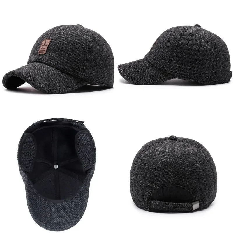 Men Autumn Winter Warm Cotton Woolen Golf Baseball Cap Outdoor Earflap Trucker Hat Middle-aged Dad Hat Ear Cover Design Warm Hat