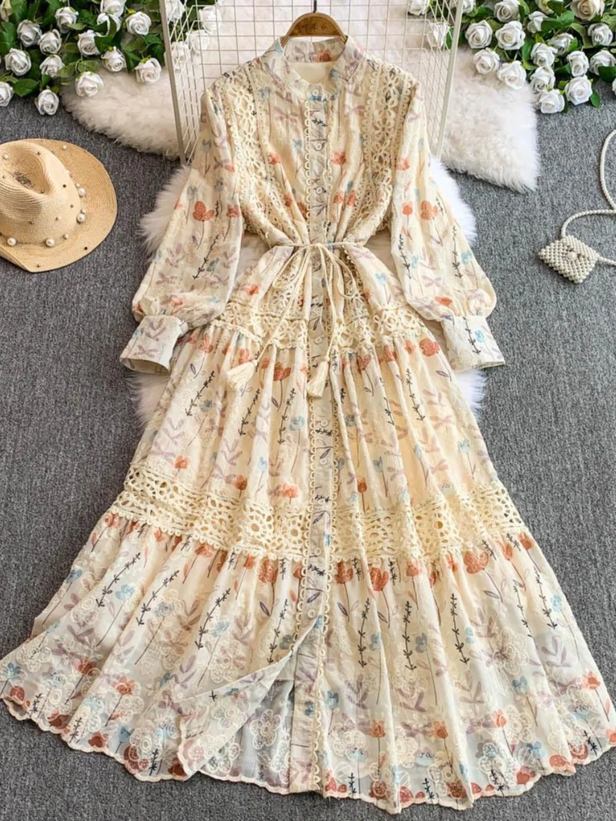 Ele Lantern Sve Stand Collar Dr Women's Spring New Embroidered Lace Waist Cinching Slim Long Dr Korean Sle